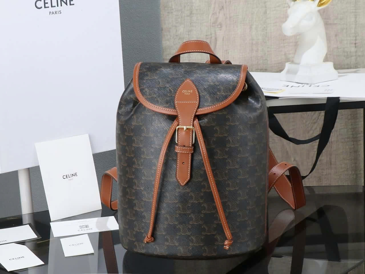 Celine Medium Backpack Folco In Triomphe Canvas And Calfskin - 117902CAS