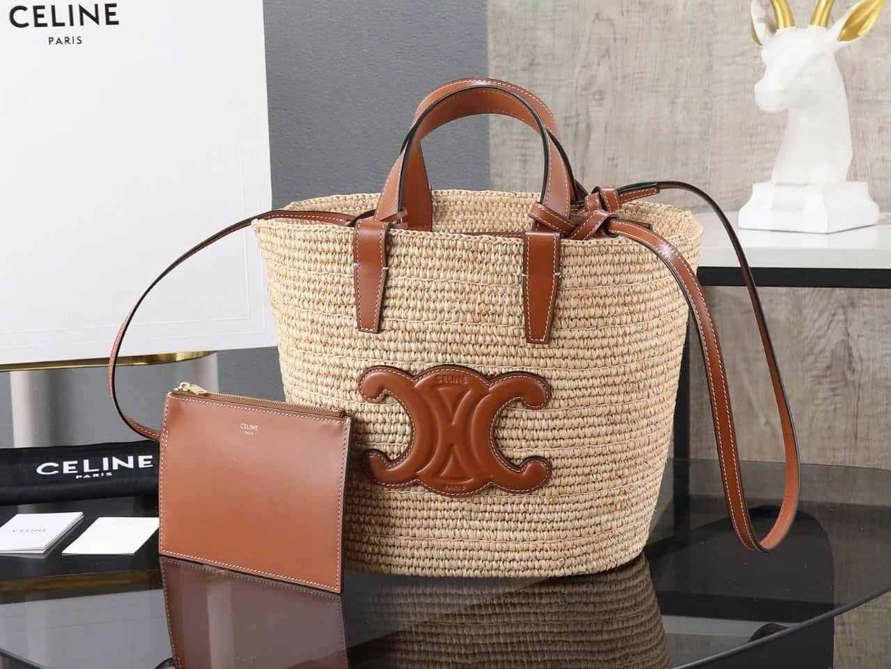 Celine Teen Supple Classic Panier In Raffia And Calfskin - 115802