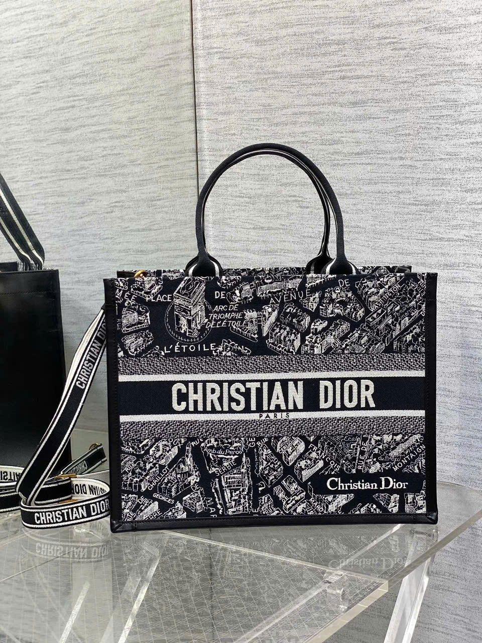 Medium Dior Book Tote Black And White Plan de Paris Embroidery - M46I