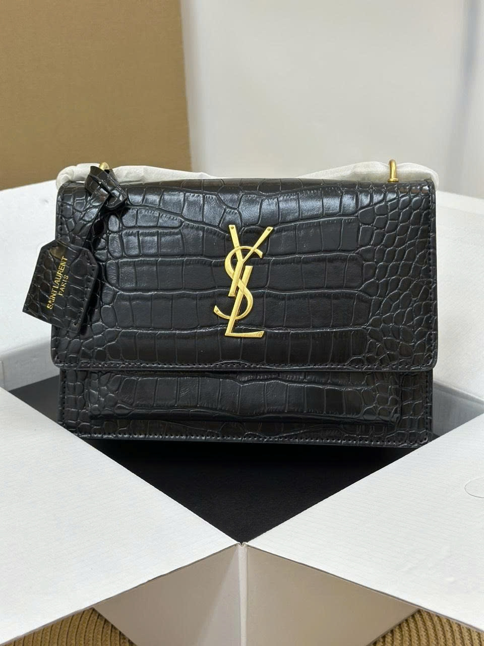 YSL Black Crocodile Embossed Sunset Bag - YSLTX001
